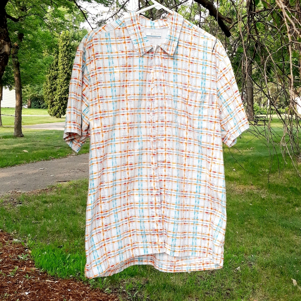 Columbia PFG Orange Fish Print Plaid Button Down Shirt - Size Medium